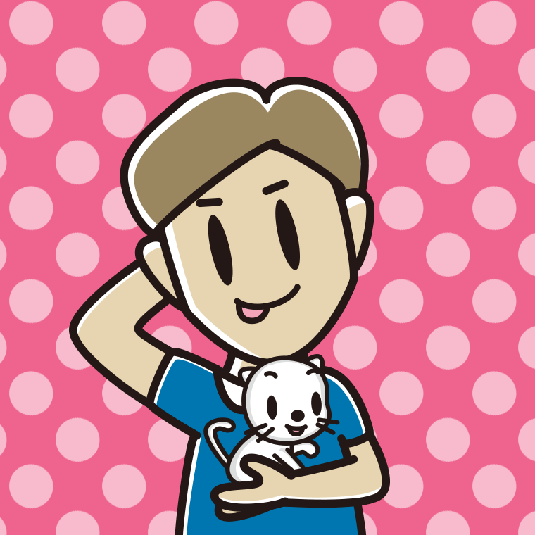 猫を抱いてテヘヘな男性のイラスト【色、背景あり】PNG
