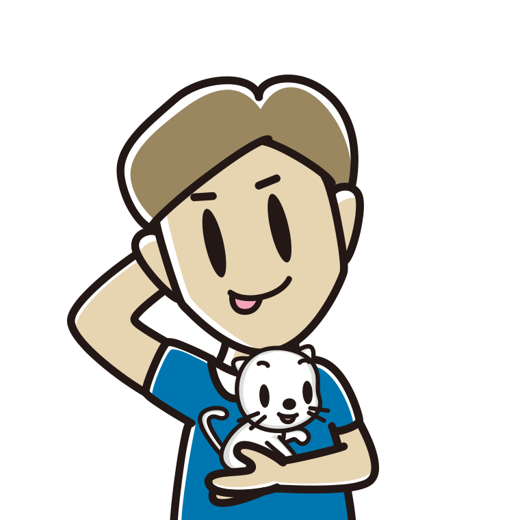 猫を抱いてテヘヘな男性のイラスト【色あり、背景なし】透過PNG