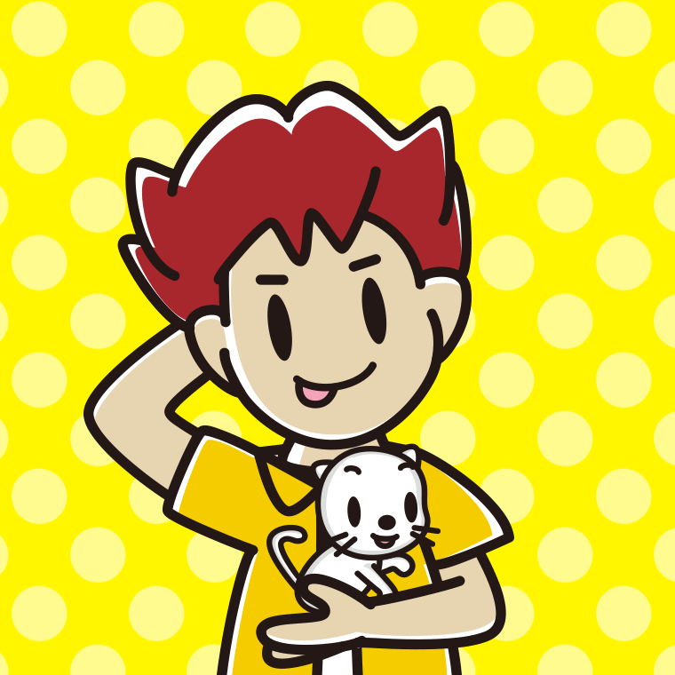 猫を抱いてテヘヘな男子大学生のイラスト【色、背景あり】PNG