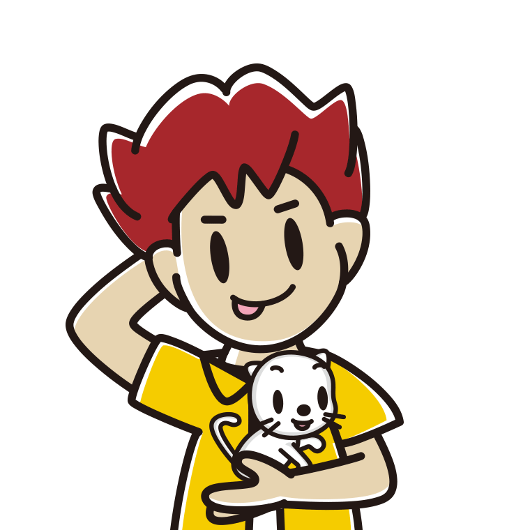 猫を抱いてテヘヘな男子大学生のイラスト【色あり、背景なし】透過PNG