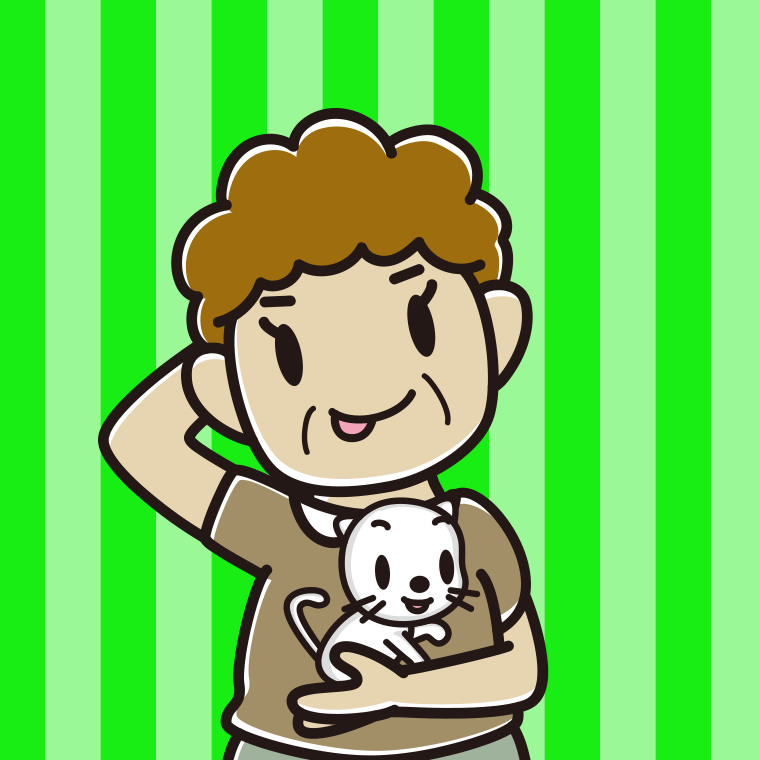 猫を抱いてテヘヘなおばさんのイラスト【色、背景あり】PNG