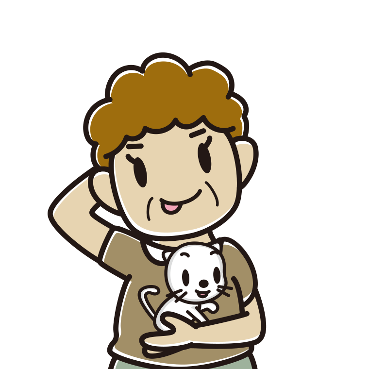 猫を抱いてテヘヘなおばさんのイラスト【色あり、背景なし】透過PNG
