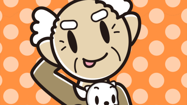 猫を抱いてテヘヘなおじいさんのイラスト【色、背景あり】PNG