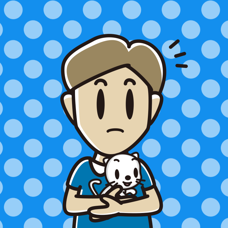 猫を抱いて何かに気付く男性のイラスト【色、背景あり】PNG