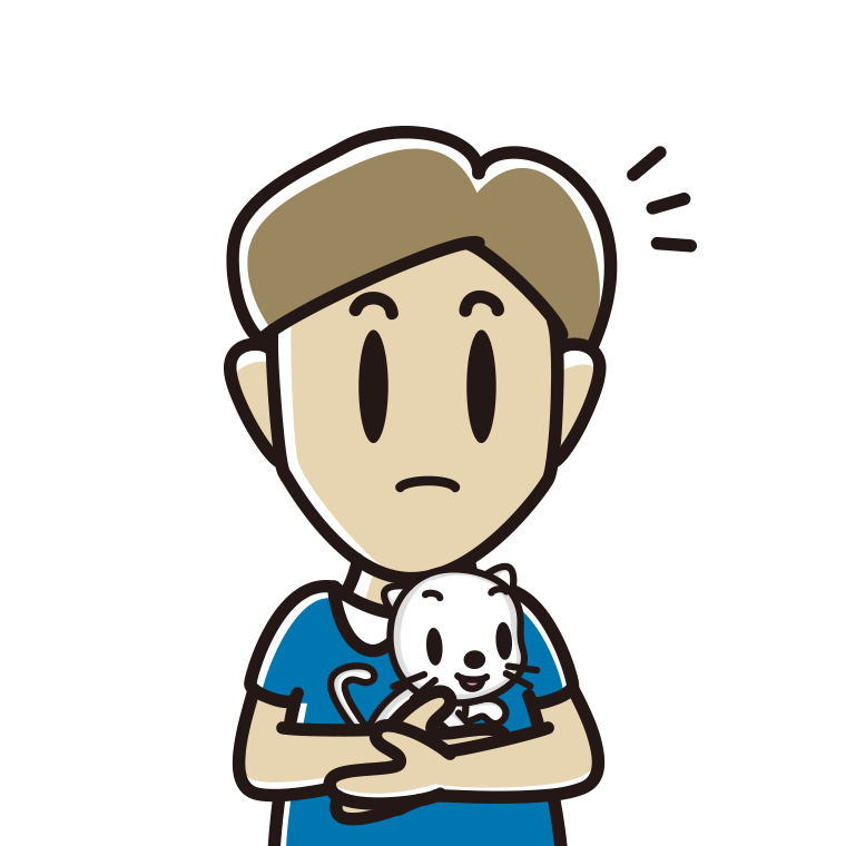 猫を抱いて何かに気付く男性のイラスト【色あり、背景なし】透過PNG