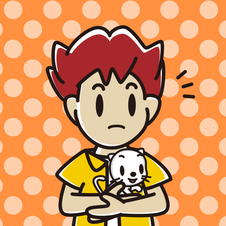 猫を抱いて何かに気付く男子大学生のイラスト【色、背景あり】PNG