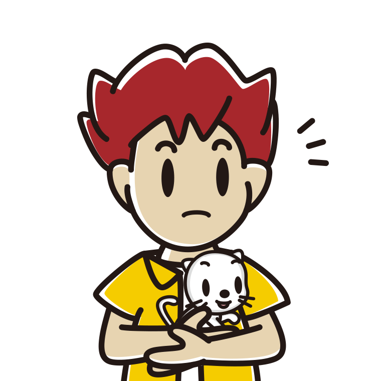猫を抱いて何かに気付く男子大学生のイラスト【色あり、背景なし】透過PNG