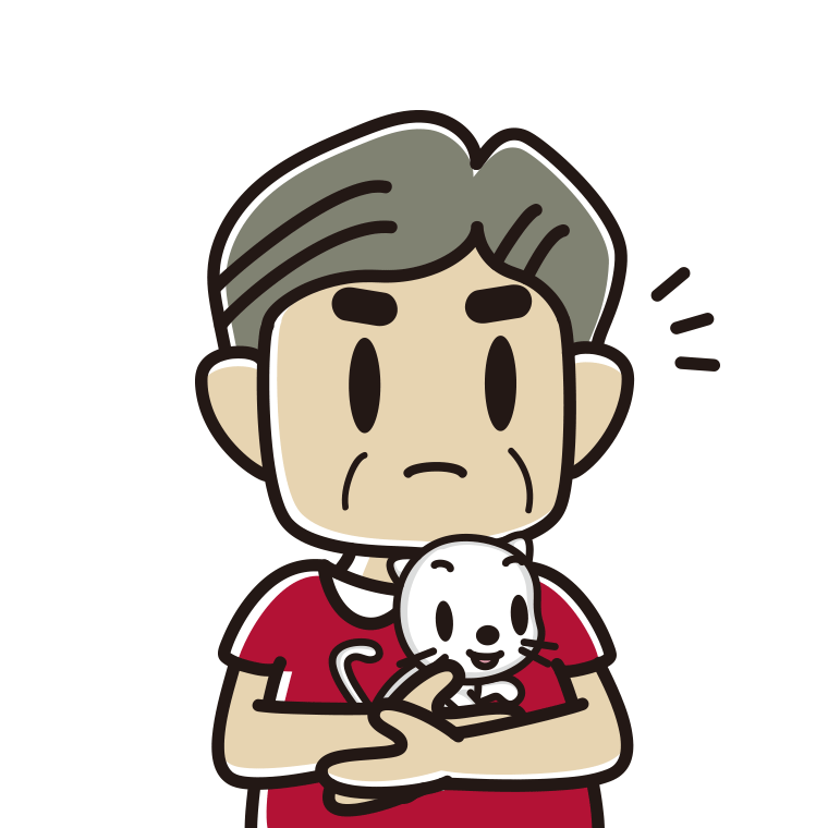 猫を抱いて何かに気付くおじさんのイラスト【色あり、背景なし】透過PNG