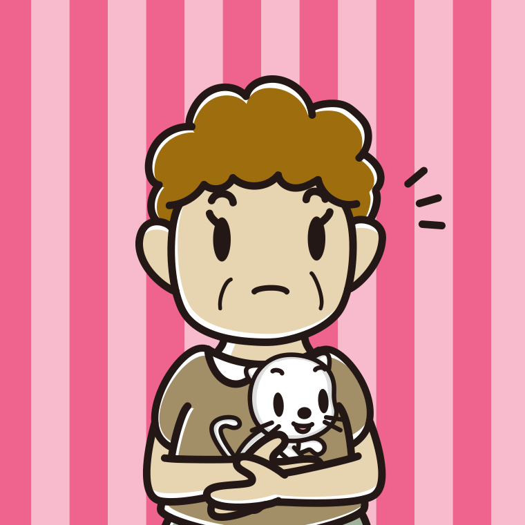 猫を抱いて何かに気付くおばさんのイラスト【色、背景あり】PNG
