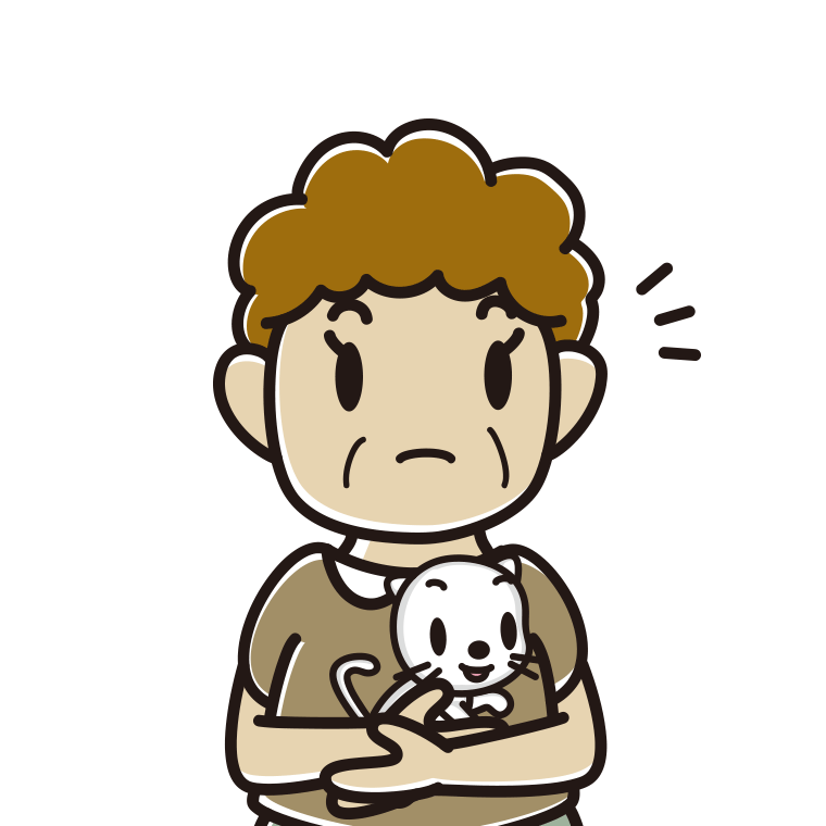 猫を抱いて何かに気付くおばさんのイラスト【色あり、背景なし】透過PNG