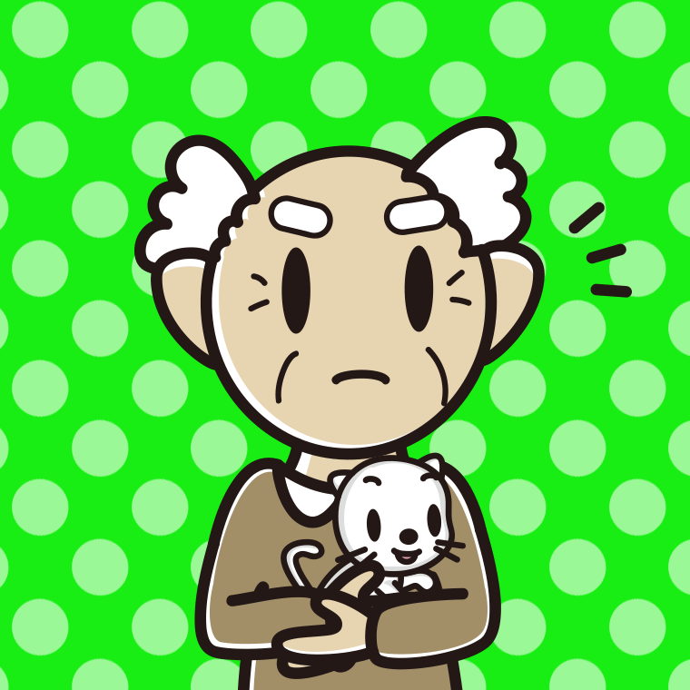 猫を抱いて何かに気付くおじいさんのイラスト【色、背景あり】PNG