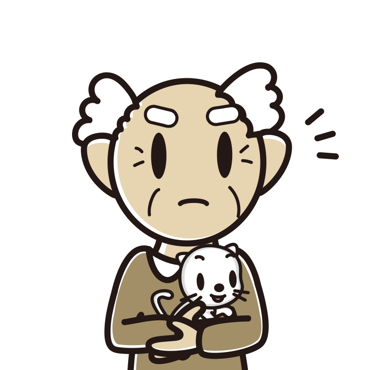 猫を抱いて何かに気付くおじいさんのイラスト【色あり、背景なし】透過PNG