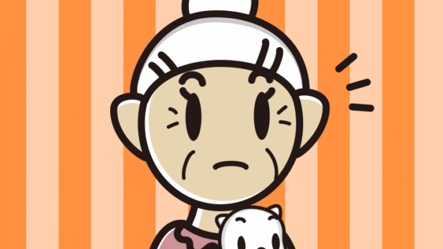 猫を抱いて何かに気付くおばあさんのイラスト【色、背景あり】PNG