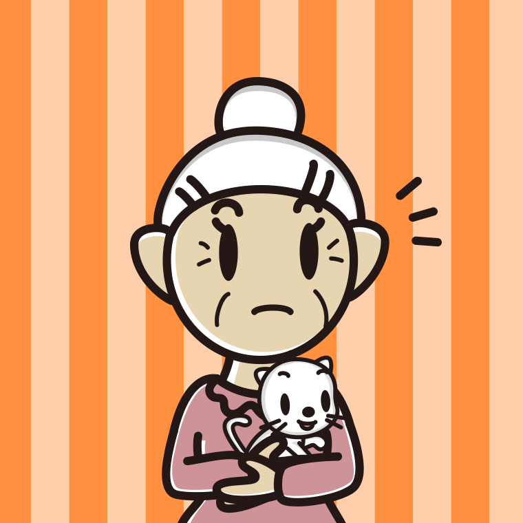 猫を抱いて何かに気付くおばあさんのイラスト【色、背景あり】PNG