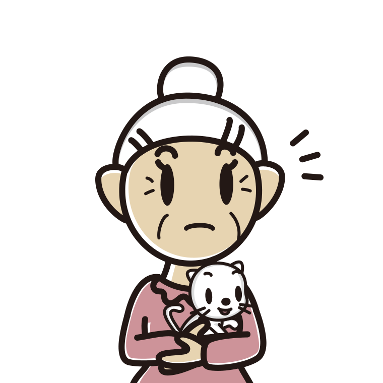 猫を抱いて何かに気付くおばあさんのイラスト【色あり、背景なし】透過PNG