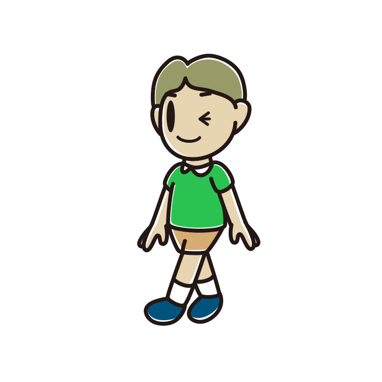 歩きながらウインクする小学生男子のイラスト【色あり、背景なし】透過PNG