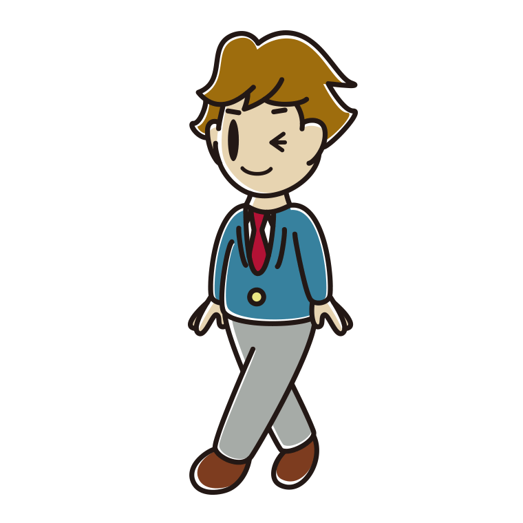 歩きながらウインクする男子高校生のイラスト【色あり、背景なし】透過PNG