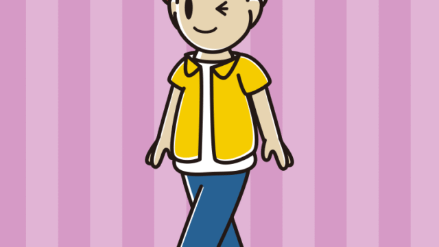歩きながらウインクする男子大学生のイラスト【色、背景あり】PNG