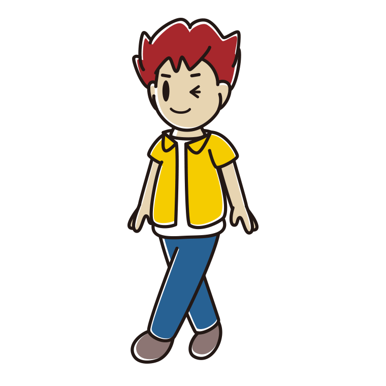 歩きながらウインクする男子大学生のイラスト【色あり、背景なし】透過PNG