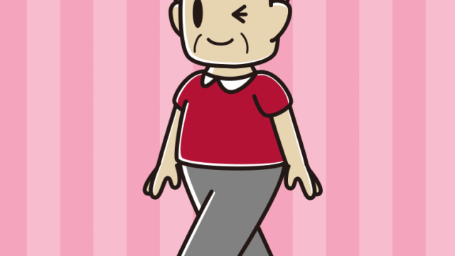 歩きながらウインクするおじさんのイラスト【色、背景あり】PNG