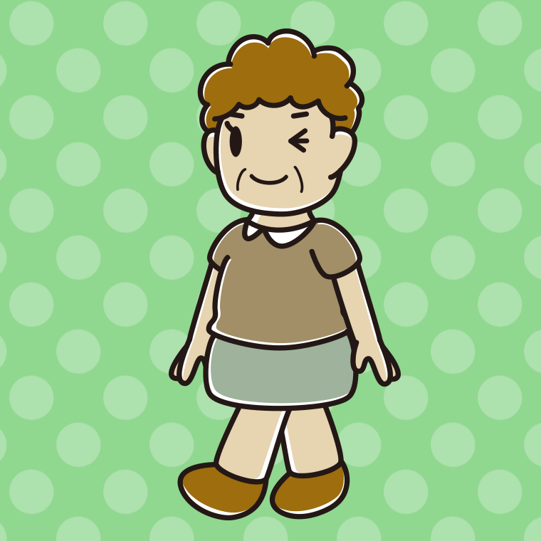 歩きながらウインクするおばさんのイラスト【色、背景あり】PNG