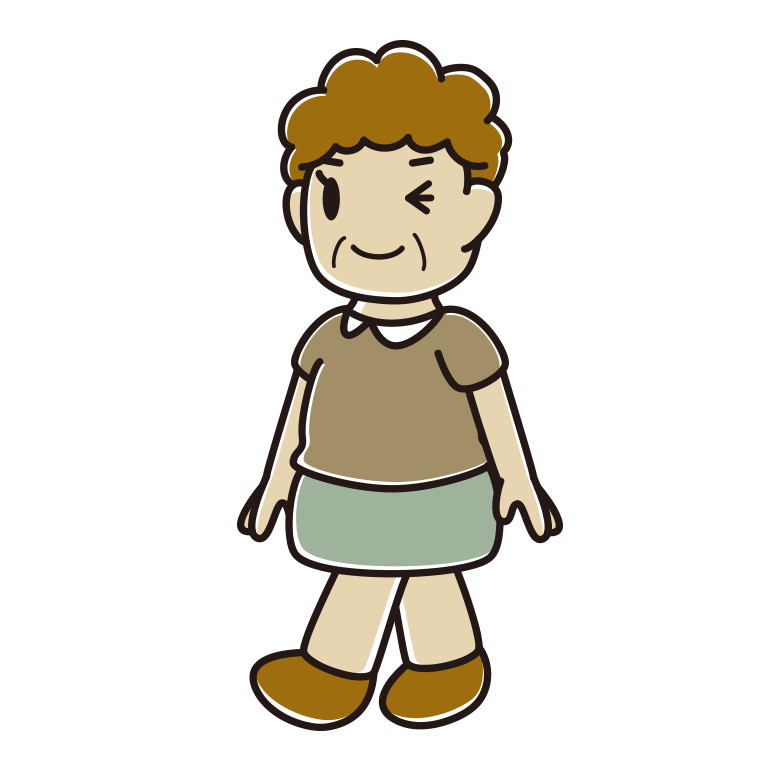 歩きながらウインクするおばさんのイラスト【色あり、背景なし】透過PNG