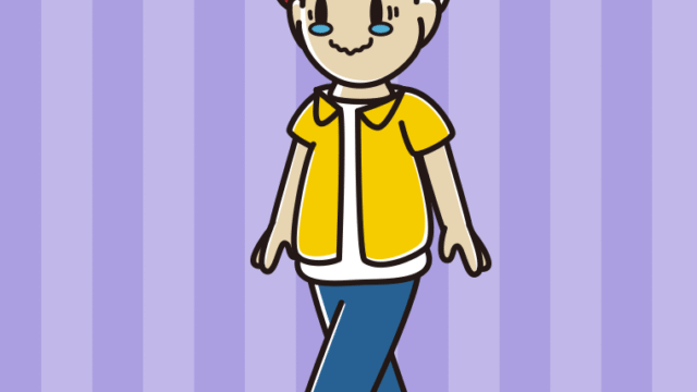 ジーンとしながら歩く男子大学生のイラスト【色、背景あり】PNG