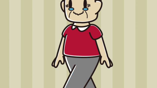 ジーンとしながら歩くおじさんのイラスト【色、背景あり】PNG