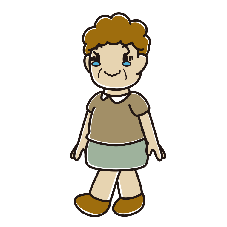ジーンとしながら歩くおばさんのイラスト【色あり、背景なし】透過PNG