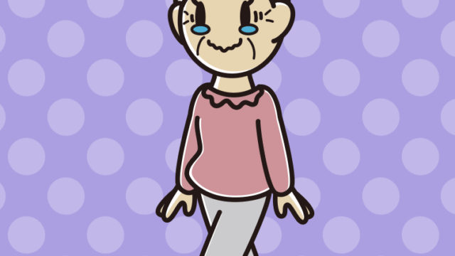 ジーンとしながら歩くおばあさんのイラスト【色、背景あり】PNG