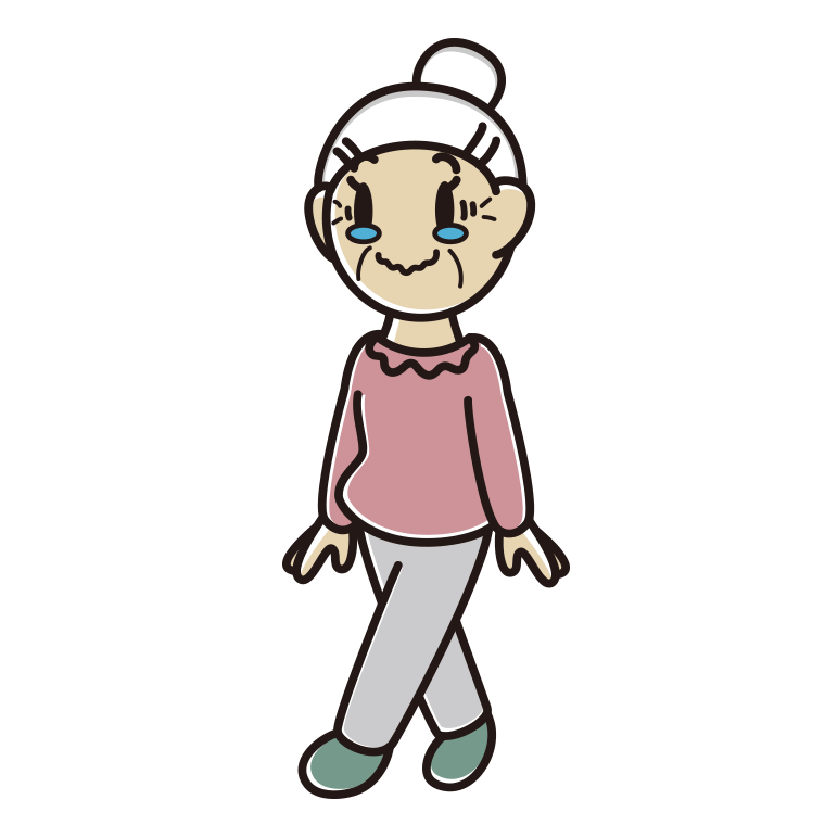 ジーンとしながら歩くおばあさんのイラスト【色あり、背景なし】透過PNG