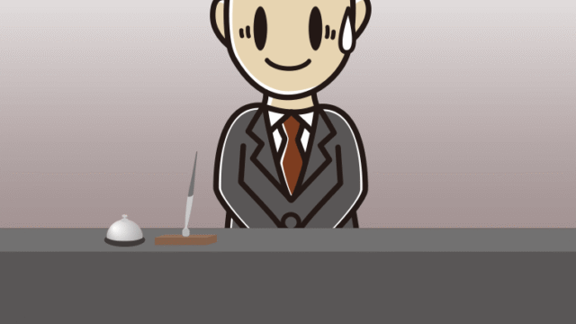 苦笑いする男性コンシェルジュのイラスト【色、背景あり】PNG