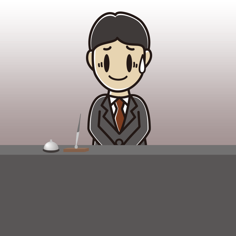 苦笑いする男性コンシェルジュのイラスト【色、背景あり】PNG