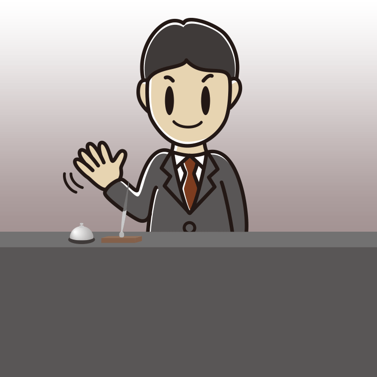 手を振る男性コンシェルジュのイラスト【色、背景あり】PNG