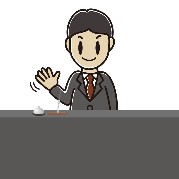 手を振る男性コンシェルジュのイラスト【色あり、背景なし】透過PNG