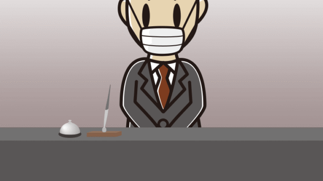 マスクをする男性コンシェルジュのイラスト【色、背景あり】PNG