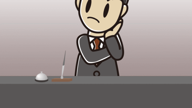 考える男性コンシェルジュのイラスト【色、背景あり】PNG