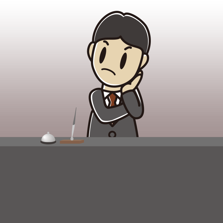 考える男性コンシェルジュのイラスト【色、背景あり】PNG