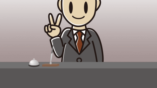 ピースをする男性コンシェルジュのイラスト【色、背景あり】PNG