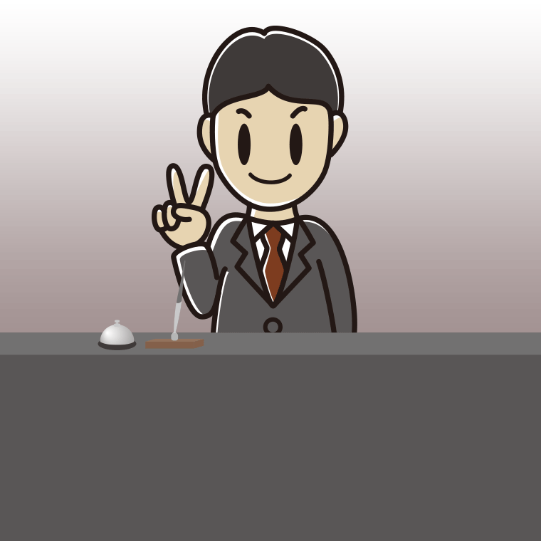 ピースをする男性コンシェルジュのイラスト【色、背景あり】PNG