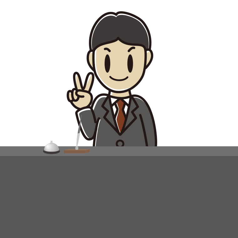 ピースをする男性コンシェルジュのイラスト【色あり、背景なし】透過PNG
