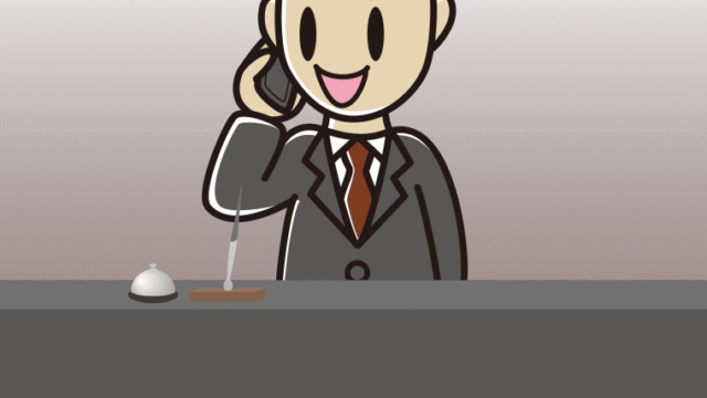 スマホで電話する男性コンシェルジュのイラスト【色、背景あり】PNG