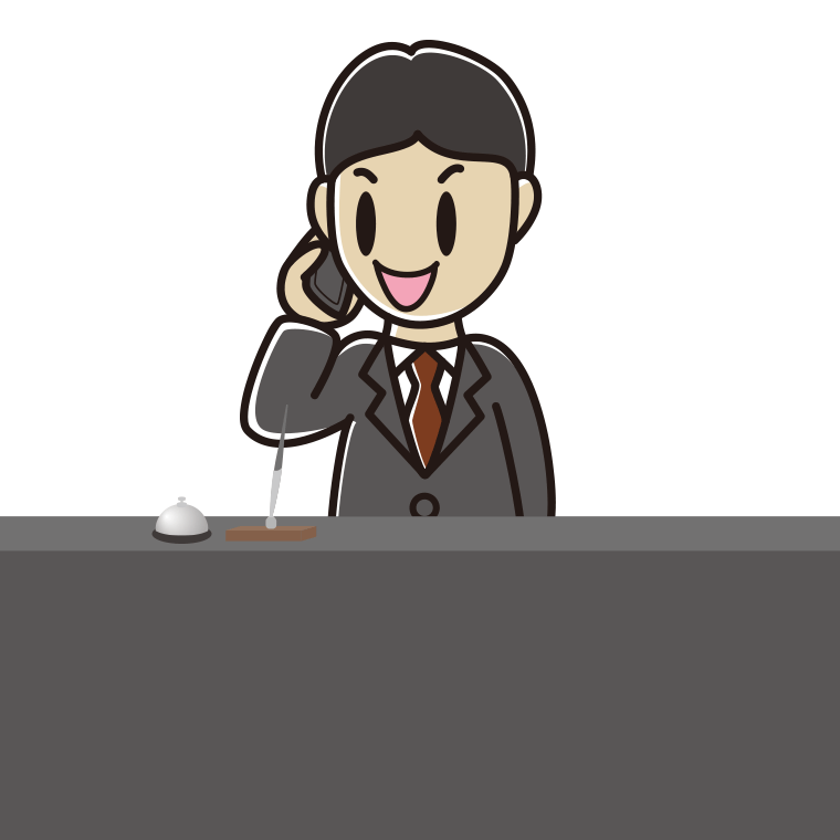 スマホで電話する男性コンシェルジュのイラスト【色あり、背景なし】透過PNG