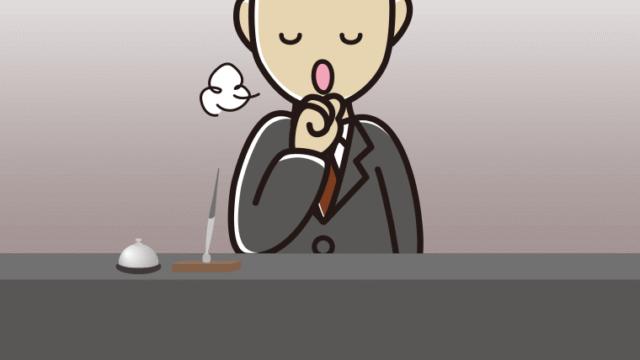 咳払いする男性コンシェルジュのイラスト【色、背景あり】PNG