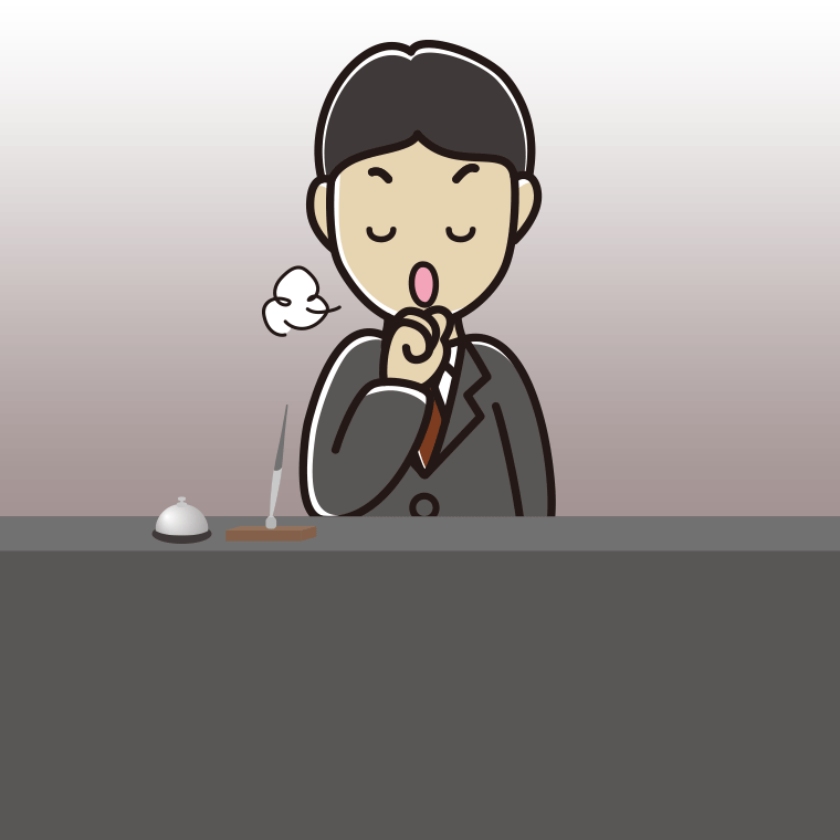 咳払いする男性コンシェルジュのイラスト【色、背景あり】PNG