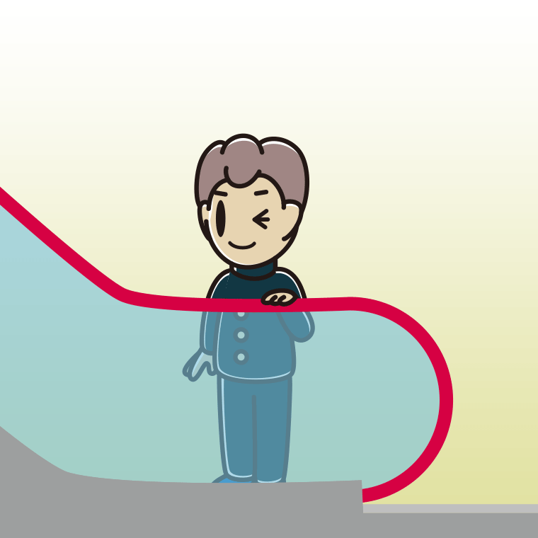 エスカレーターでウインクする男子中学生のイラスト【色、背景あり】PNG