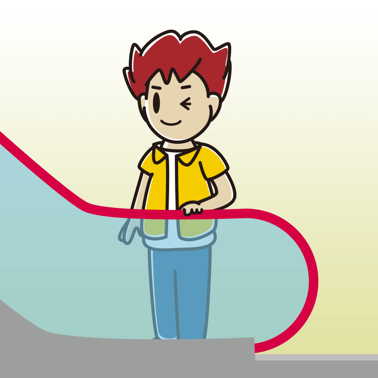 エスカレーターでウインクする男子大学生のイラスト【色、背景あり】PNG