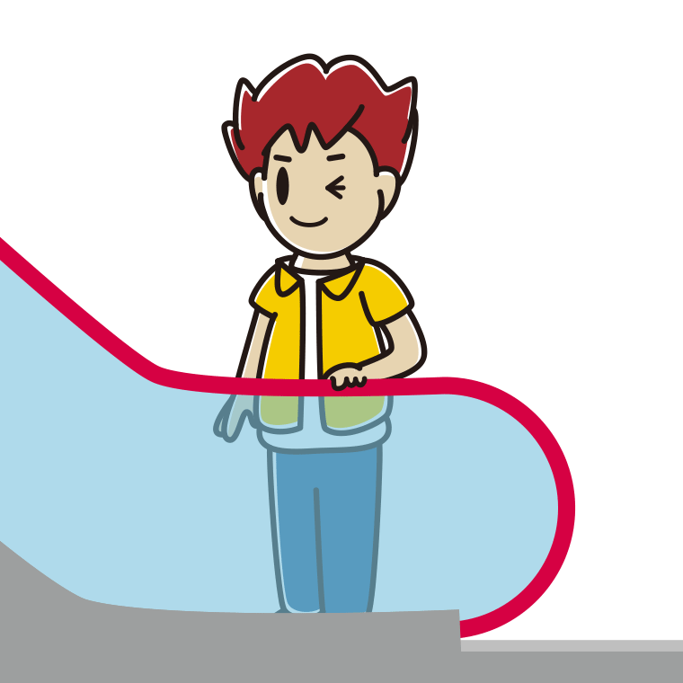 エスカレーターでウインクする男子大学生のイラスト【色あり、背景なし】透過PNG