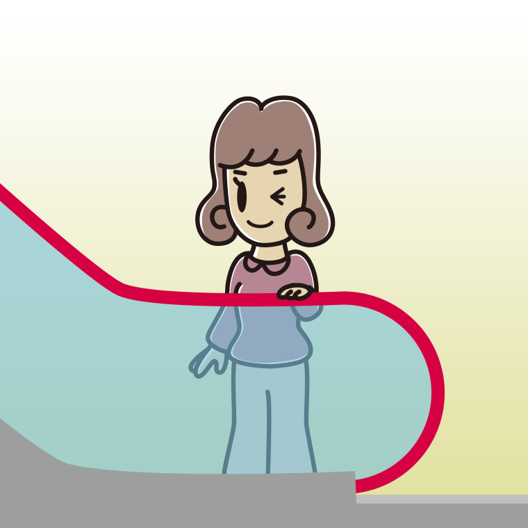 エスカレーターでウインクする女子大学生のイラスト【色、背景あり】PNG