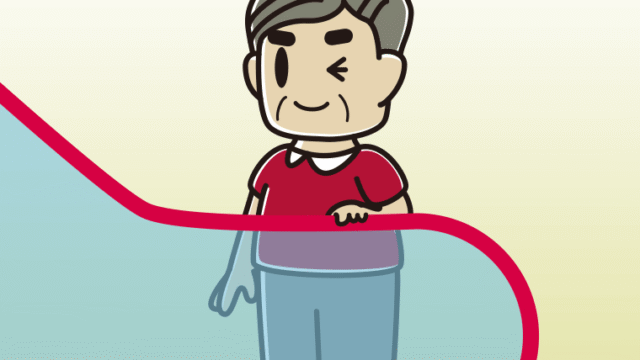 エスカレーターでウインクするおじさんのイラスト【色、背景あり】PNG